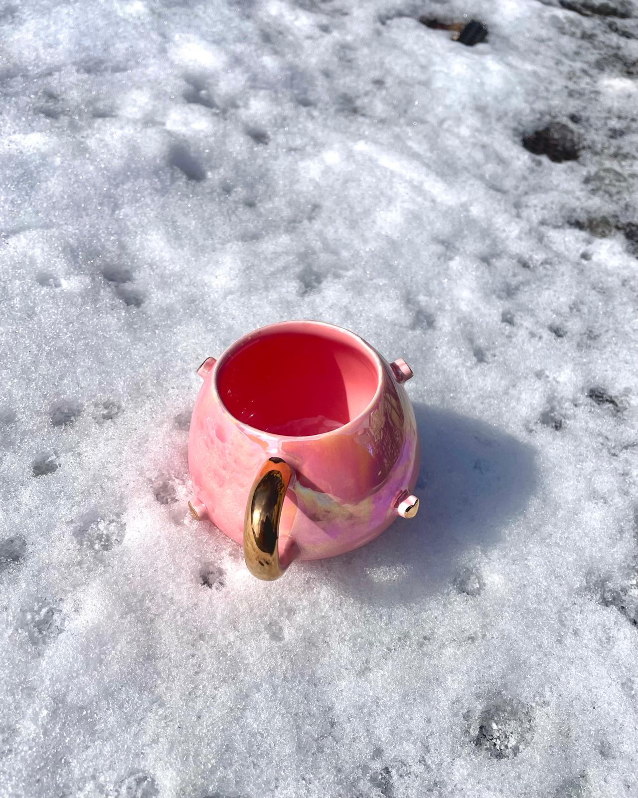 Kalpli Işıltılı El Yapımı Seramik Kupa Pembe