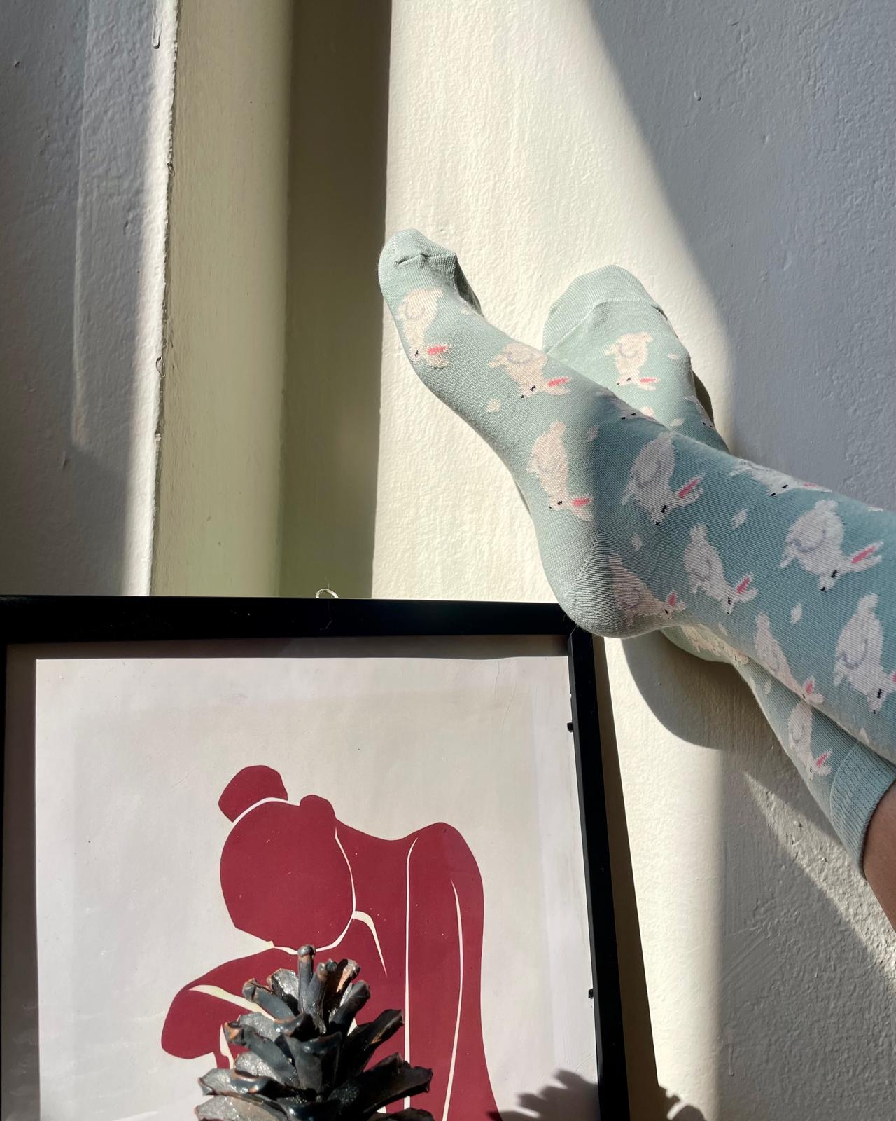 Tavşan Desenli Yeşil Soket Kadın Çorap